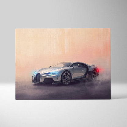 Silver bugatti chiron inspired canvas art with glowing blue headlights and red taillights on smoky orange backdrop