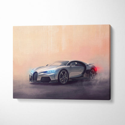 Silver bugatti chiron canvas print featuring a sleek sports car with glowing blue headlights on warm smoky backdrop