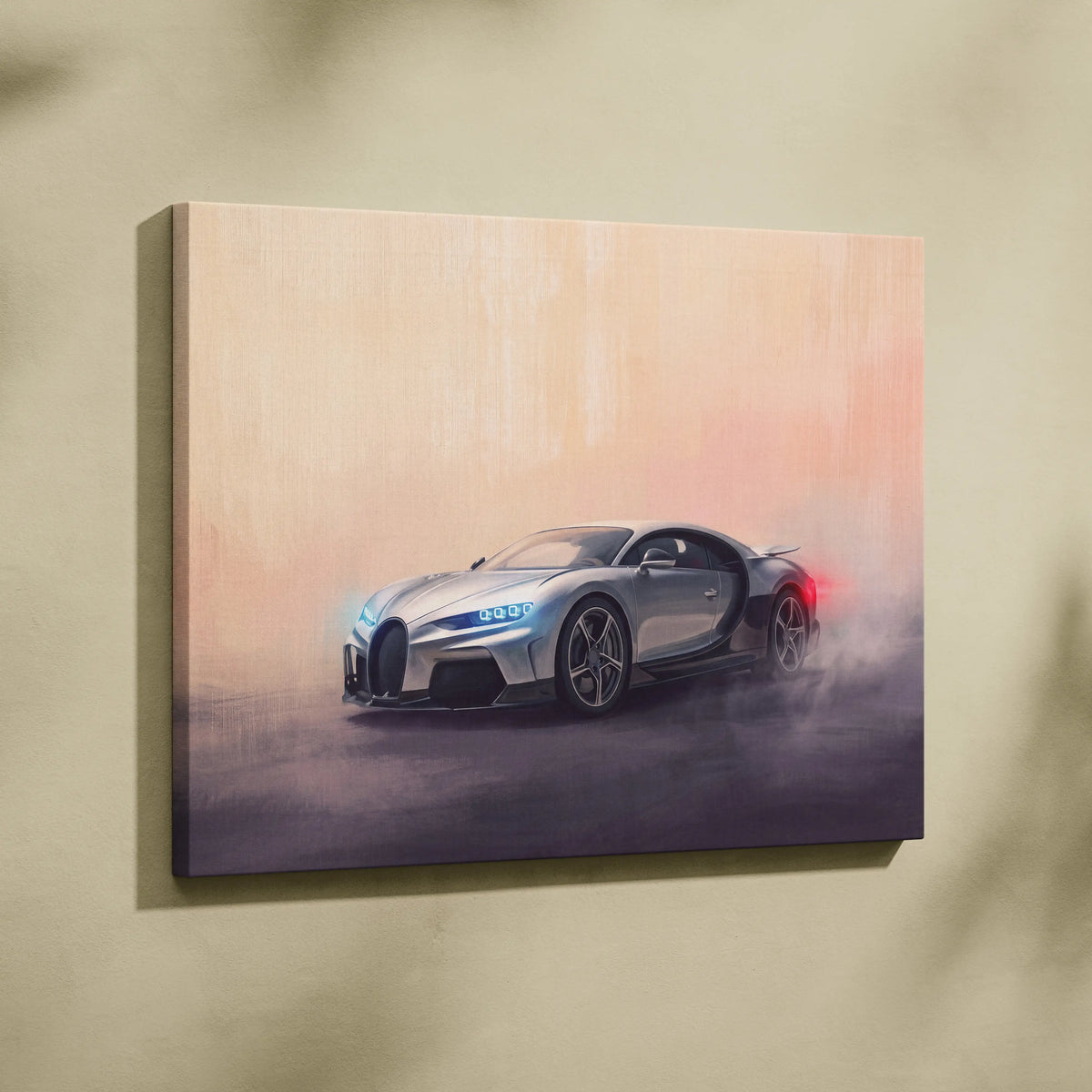 Silver Bugatti Chiron canvas print with glowing blue headlights and red taillights on misty gradient backdrop for wall decor