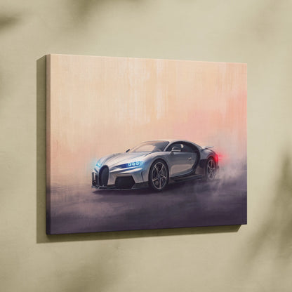 Silver Bugatti Chiron canvas print with glowing blue headlights and red taillights on misty gradient backdrop for wall decor