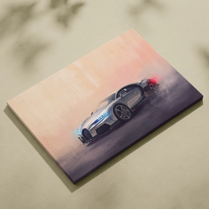 Silver Bugatti Chiron canvas print showing the car drifting with glowing blue and red lights wall decor