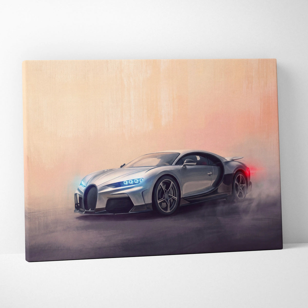 Silver Bugatti Chiron inspired canvas art with glowing blue headlights and red taillights on a warm misty backdrop