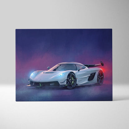 White koenigsegg jesko hypercar canvas wall art with glowing blue and red lights on smoky purple backdrop