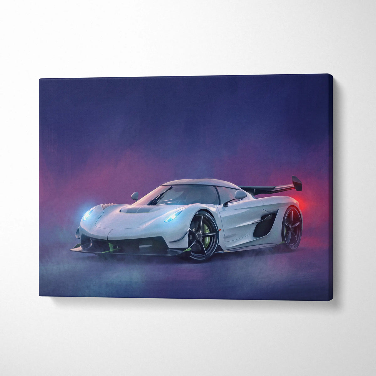 White Koenigsegg Jesko inspired hypercar canvas print with glowing blue headlights and red taillights on purple backdrop
