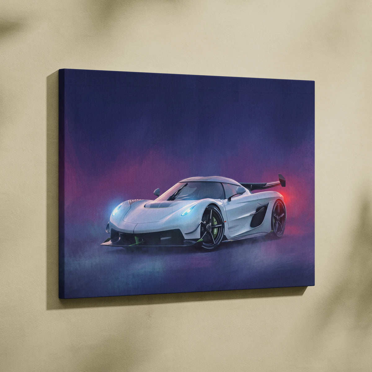 White koenigsegg jesko inspired hypercar canvas print with glowing blue and red accents on a dark purple background