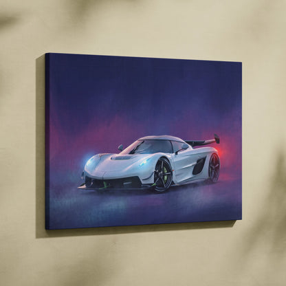 White koenigsegg jesko inspired hypercar canvas print with glowing blue and red accents on a dark purple background