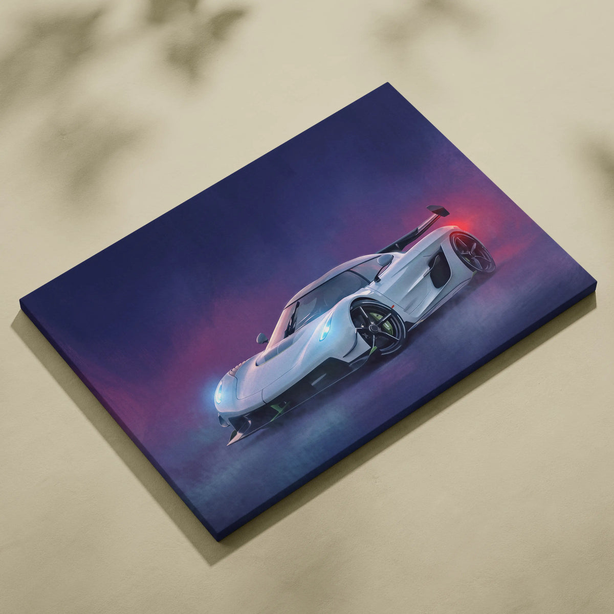 White koenigsegg jesko inspired hypercar wall art canvas print with glowing blue and red accents on dark purple background