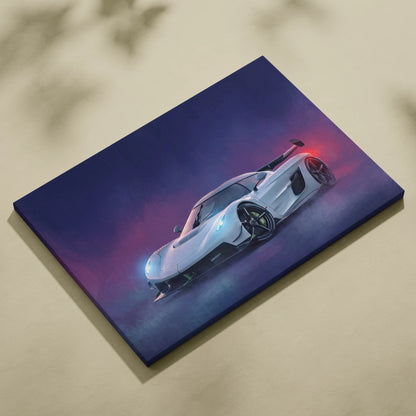 White koenigsegg jesko inspired hypercar wall art canvas print with glowing blue and red accents on dark purple background