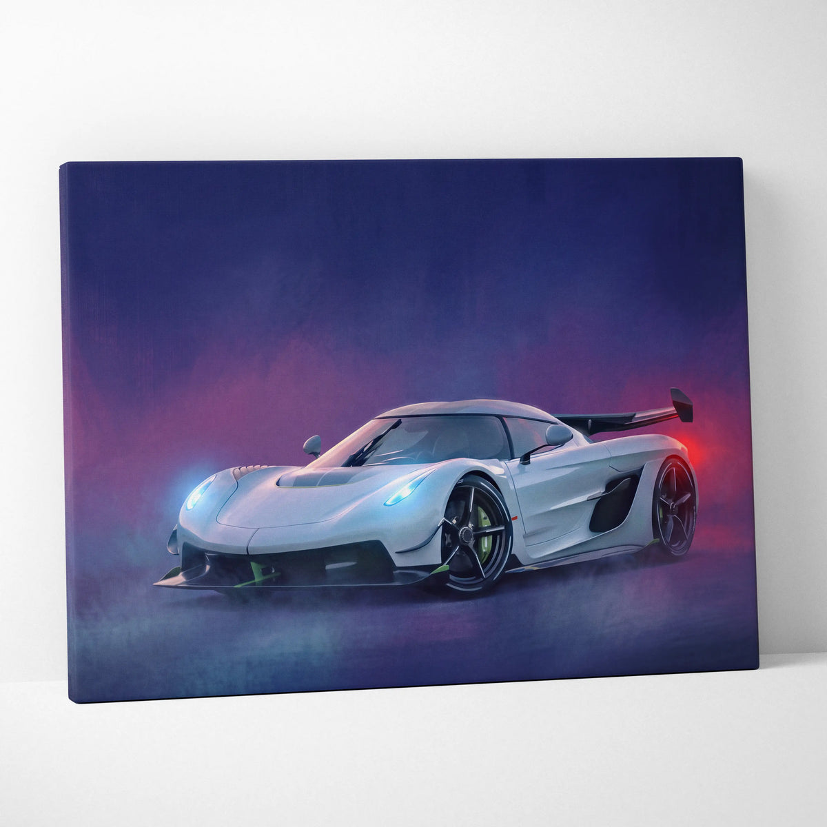 White koenigsegg jesko inspired hypercar wall art canvas print with glowing blue and red accents on dark purple background