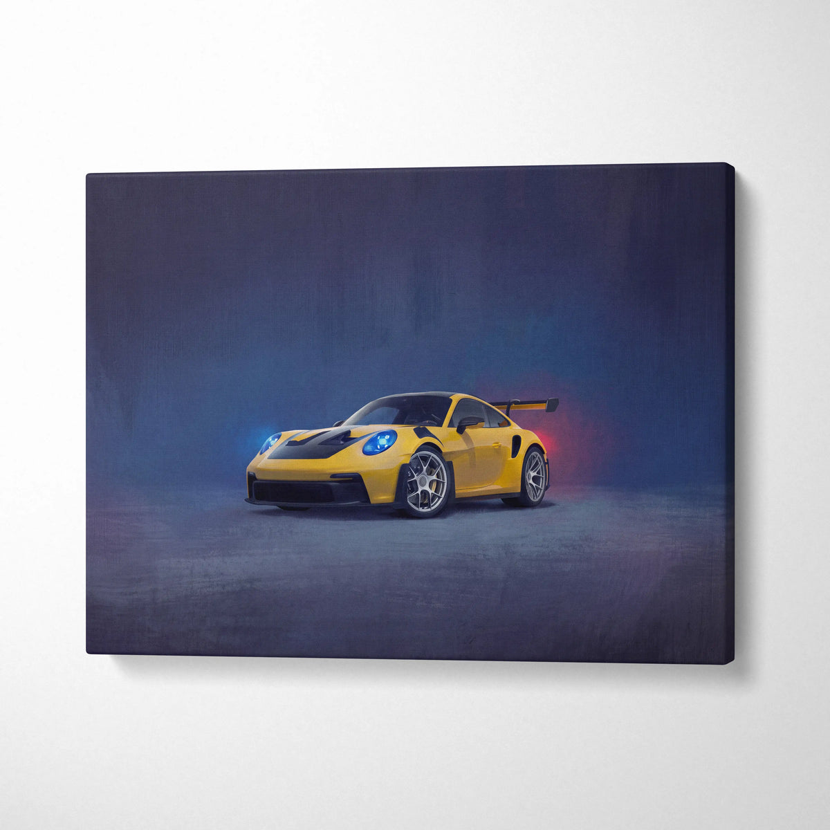 Yellow Porsche 911 GT3 RS canvas art with glowing blue headlights and red taillights premium wall decor