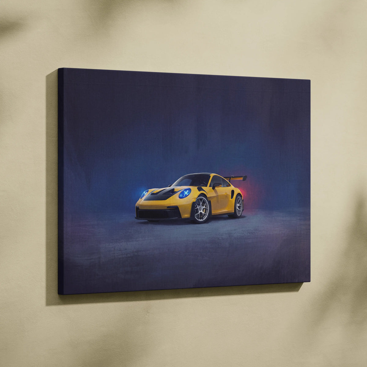 Yellow porsche 911 gt3 rs canvas art with glowing blue headlights and red taillights premium automotive decor