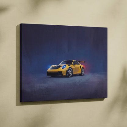 Yellow porsche 911 gt3 rs canvas art with glowing blue headlights and red taillights premium automotive decor