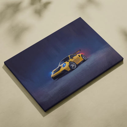 Yellow Porsche 911 GT3 RS inspired canvas art featuring a sleek sports car with glowing headlights and red exhaust glow