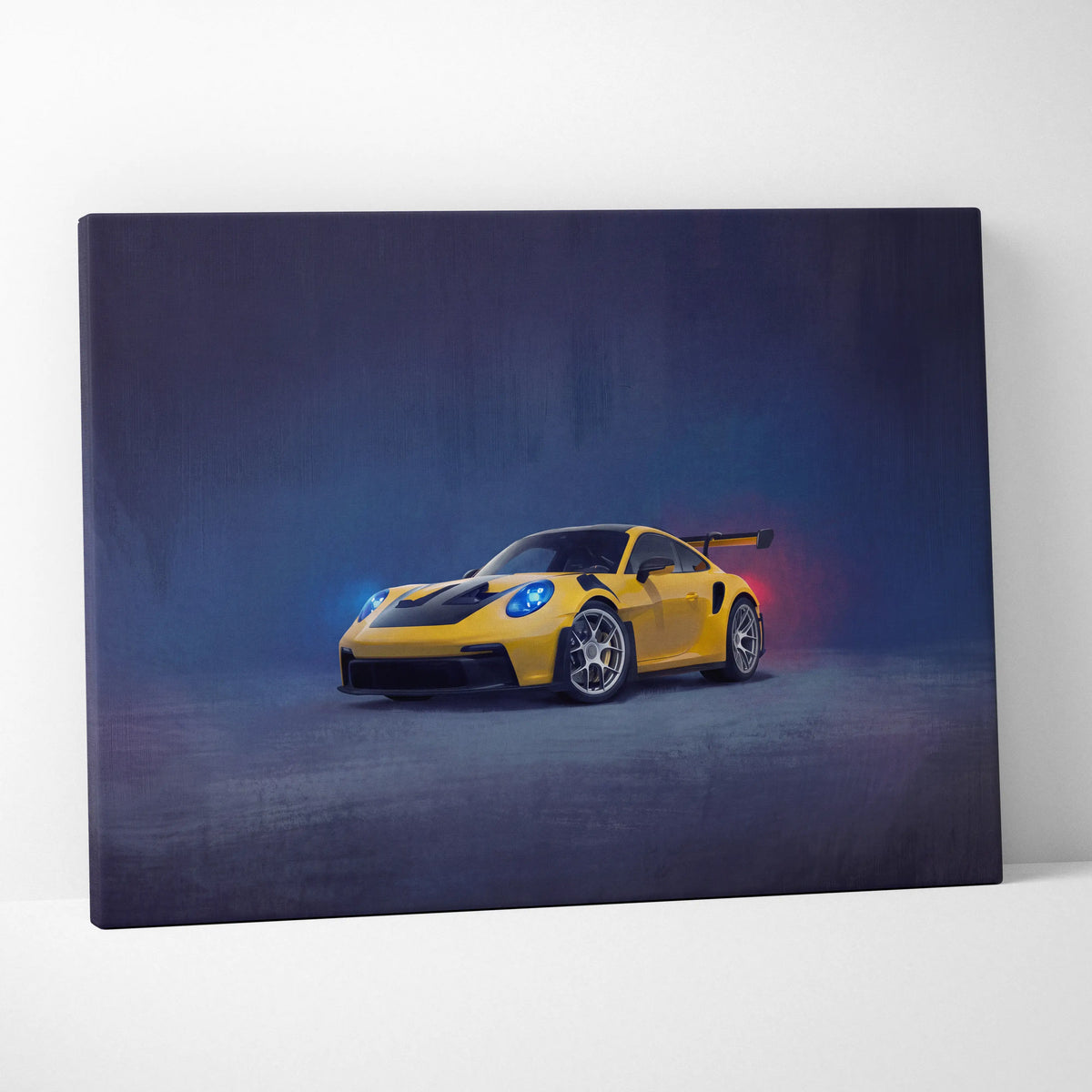 Yellow porsche 911 gt3 rs canvas print with glowing blue headlights and black racing stripe premium automotive decor