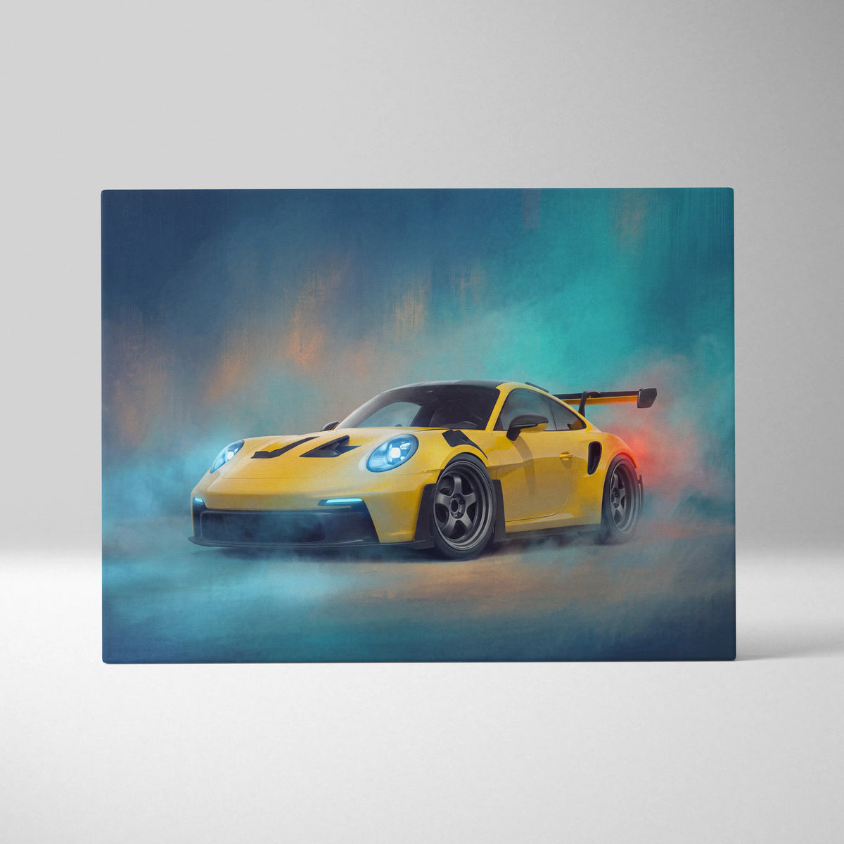 Porsche 911 gt3 rs inspired supercar canvas art featuring vibrant yellow sports car with black stripes and rear wing on teal background