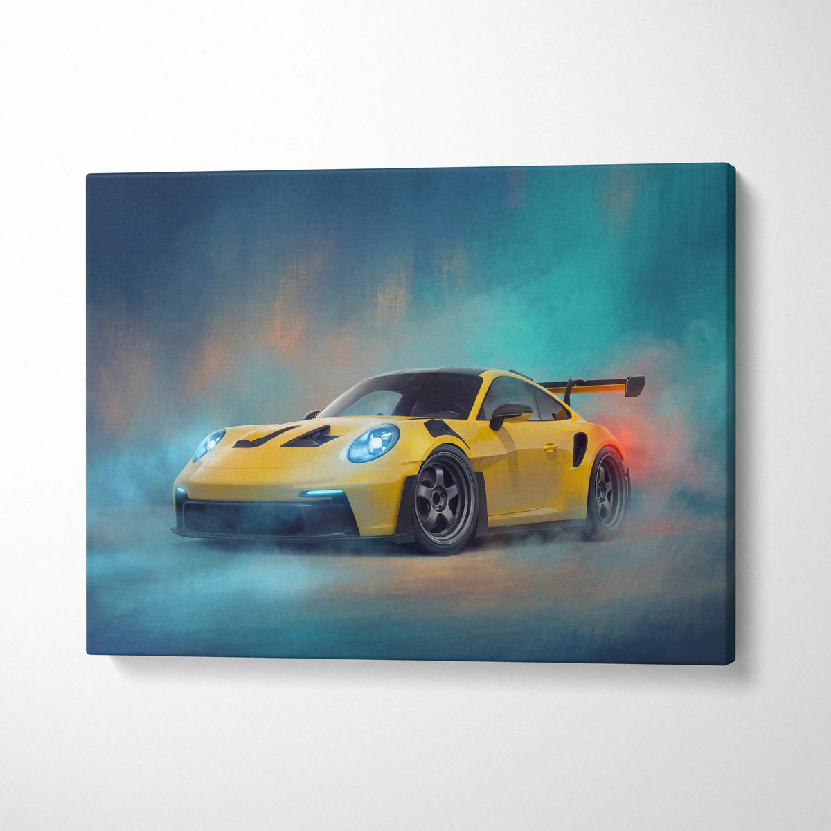 Vibrant yellow porsche 911 gt3 rs sports car canvas art print with glowing blue headlights and teal orange smoke background