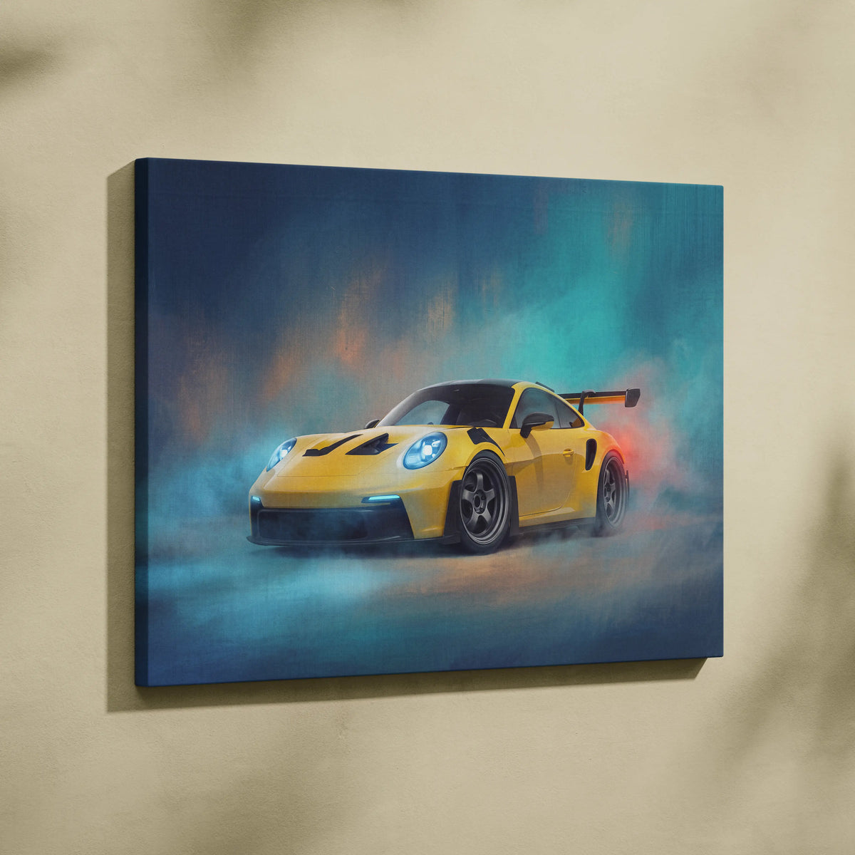 Porsche 911 GT3 RS inspired vibrant yellow race car canvas print with glowing blue headlights and dynamic smoke effect