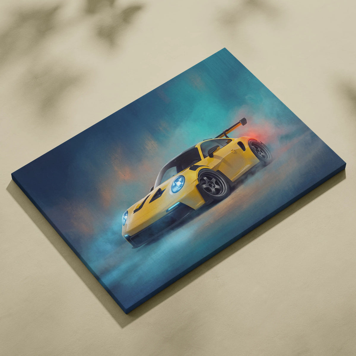 Vibrant yellow porsche 911 gt3 rs inspired supercar canvas art with glowing blue headlights and fiery orange exhaust