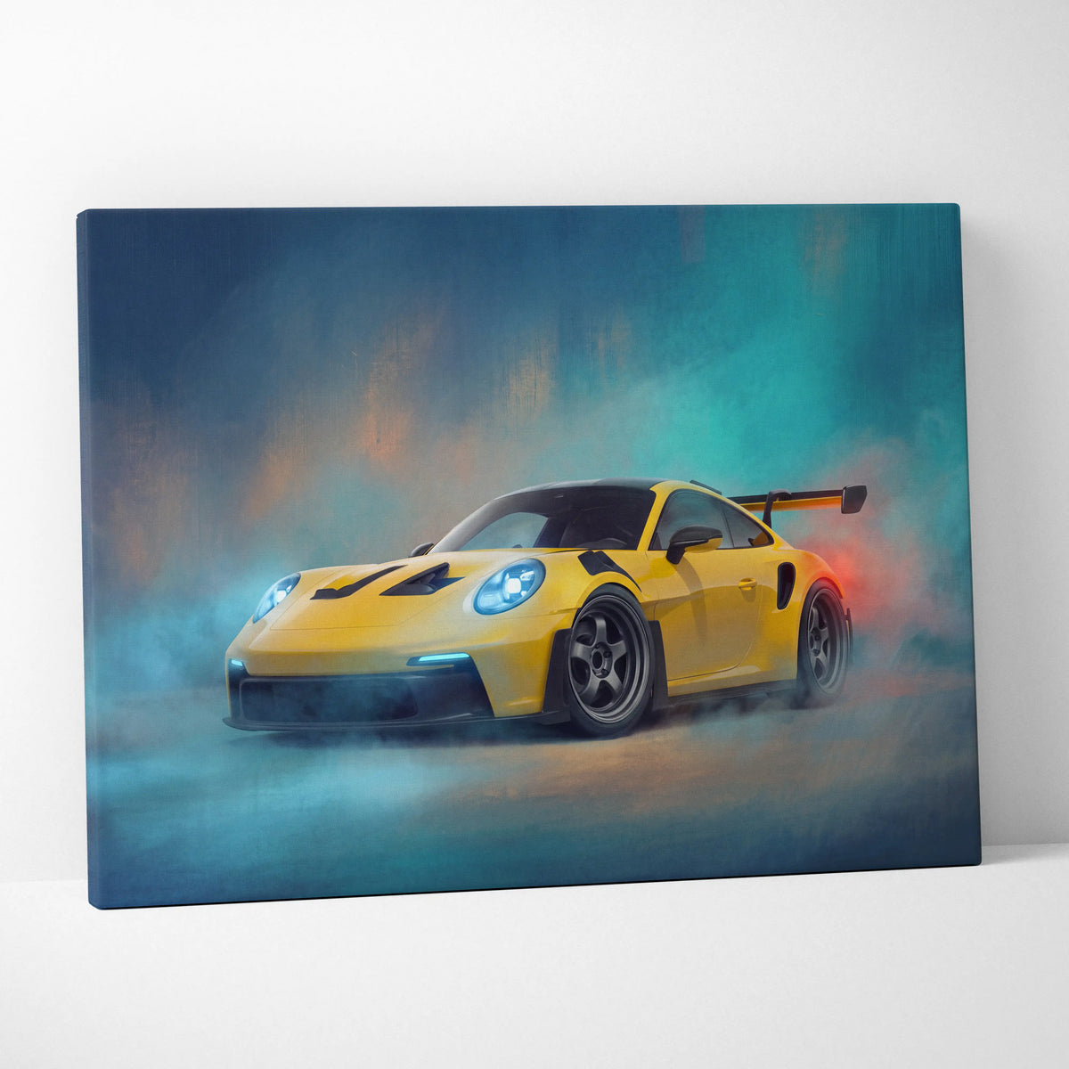 Vibrant yellow porsche 911 gt3 rs inspired supercar canvas art featuring dynamic smoky digital artwork on wall print