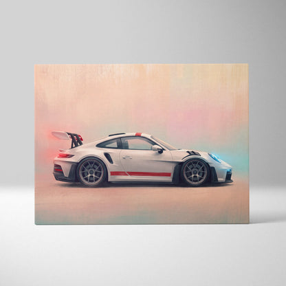 Porsche 911 gt3 rs inspired canvas art featuring sleek white car with red racing stripes and black accents on premium wall decor