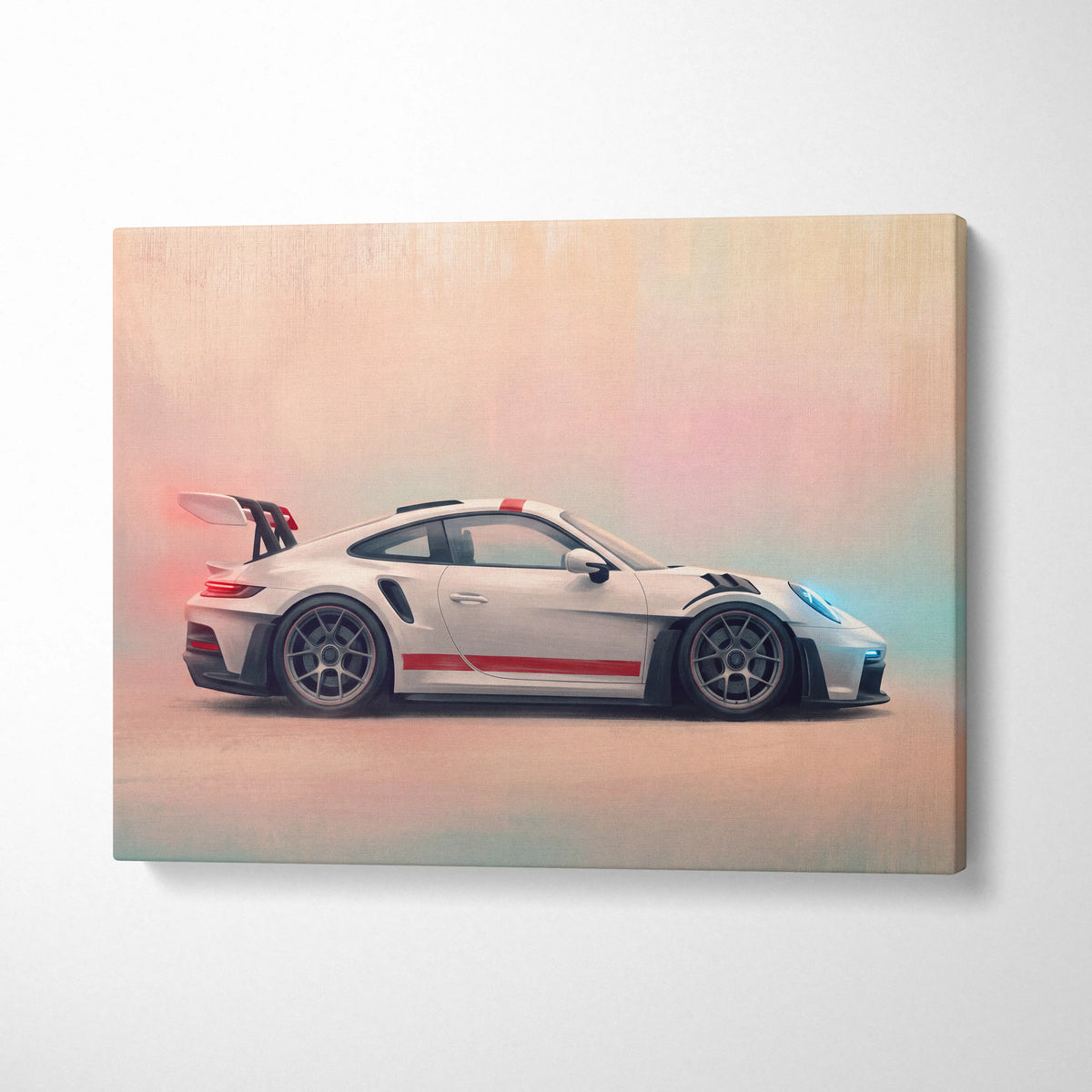 White porsche 911 gt3 rs canvas art featuring red racing stripes and black accents premium automotive wall decor