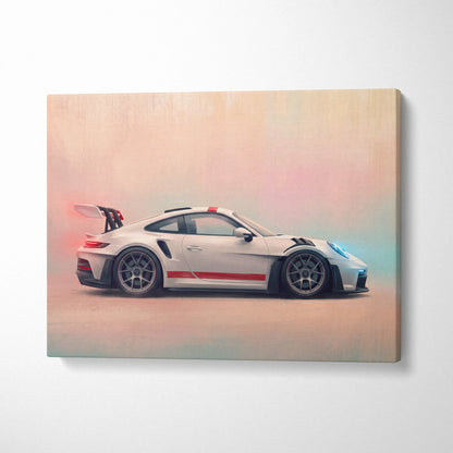White porsche 911 gt3 rs canvas art featuring red racing stripes and black accents premium automotive wall decor