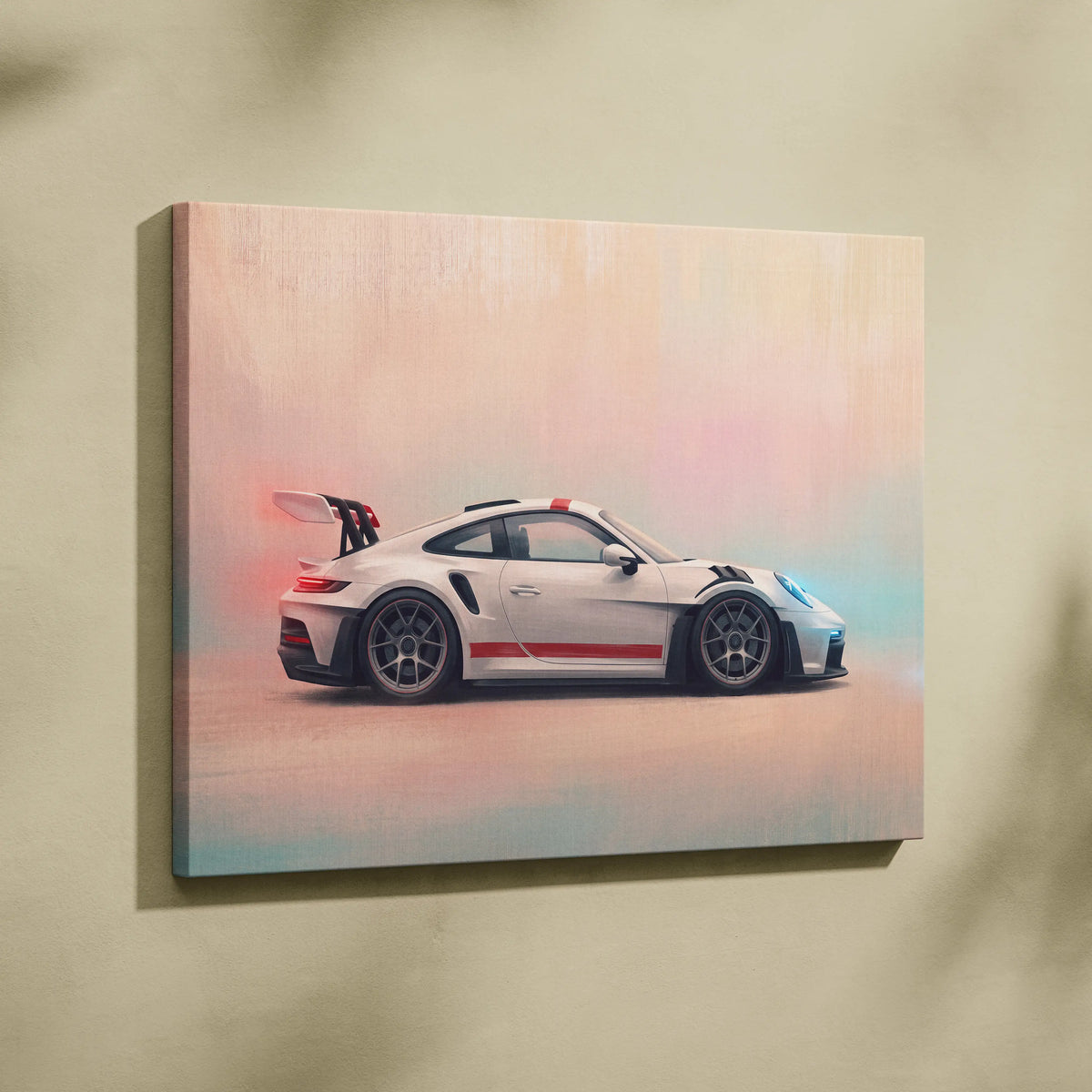 White Porsche 911 GT3 RS canvas art with red racing stripes and black aerodynamic accents premium wall decor