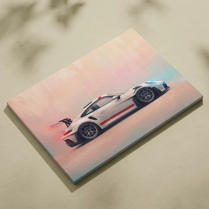 White porsche 911 gt3 rs race car canvas print with red racing stripes and black wheels premium wall decor