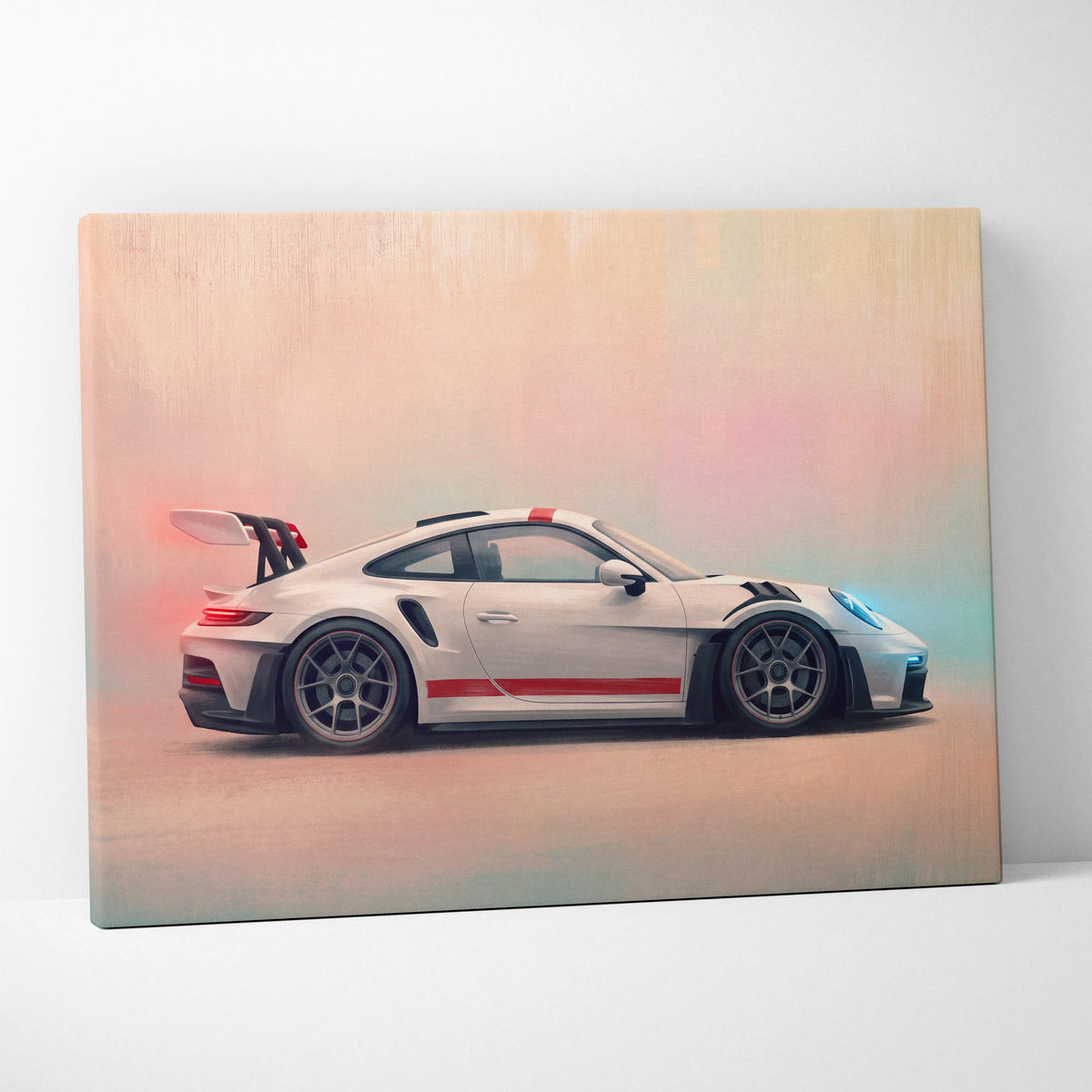 White porsche 911 gt3 rs canvas art with red racing stripes and rear spoiler premium automotive wall decor