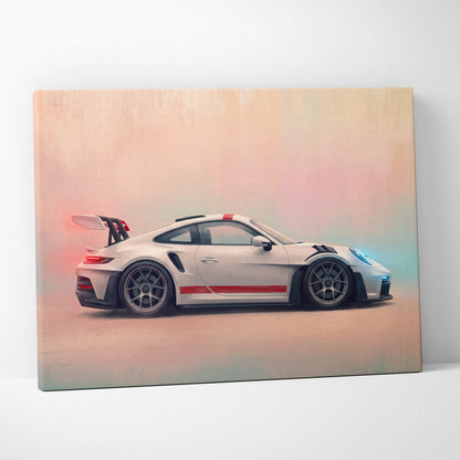 White porsche 911 gt3 rs canvas art with red racing stripes and rear spoiler premium automotive wall decor