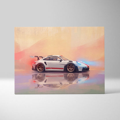 White porsche 911 gt3 rs inspired supercar canvas art with red and black racing stripes and gold alloy wheels