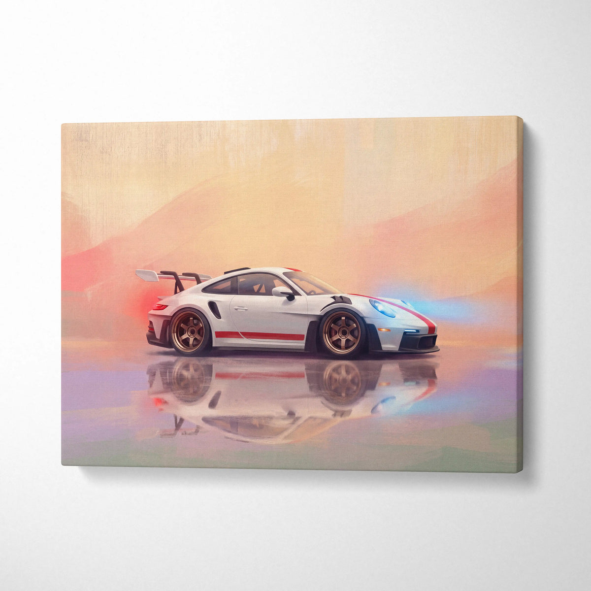 White porsche 911 gt3 rs supercar canvas art print with red and blue racing stripes for custom wall decor