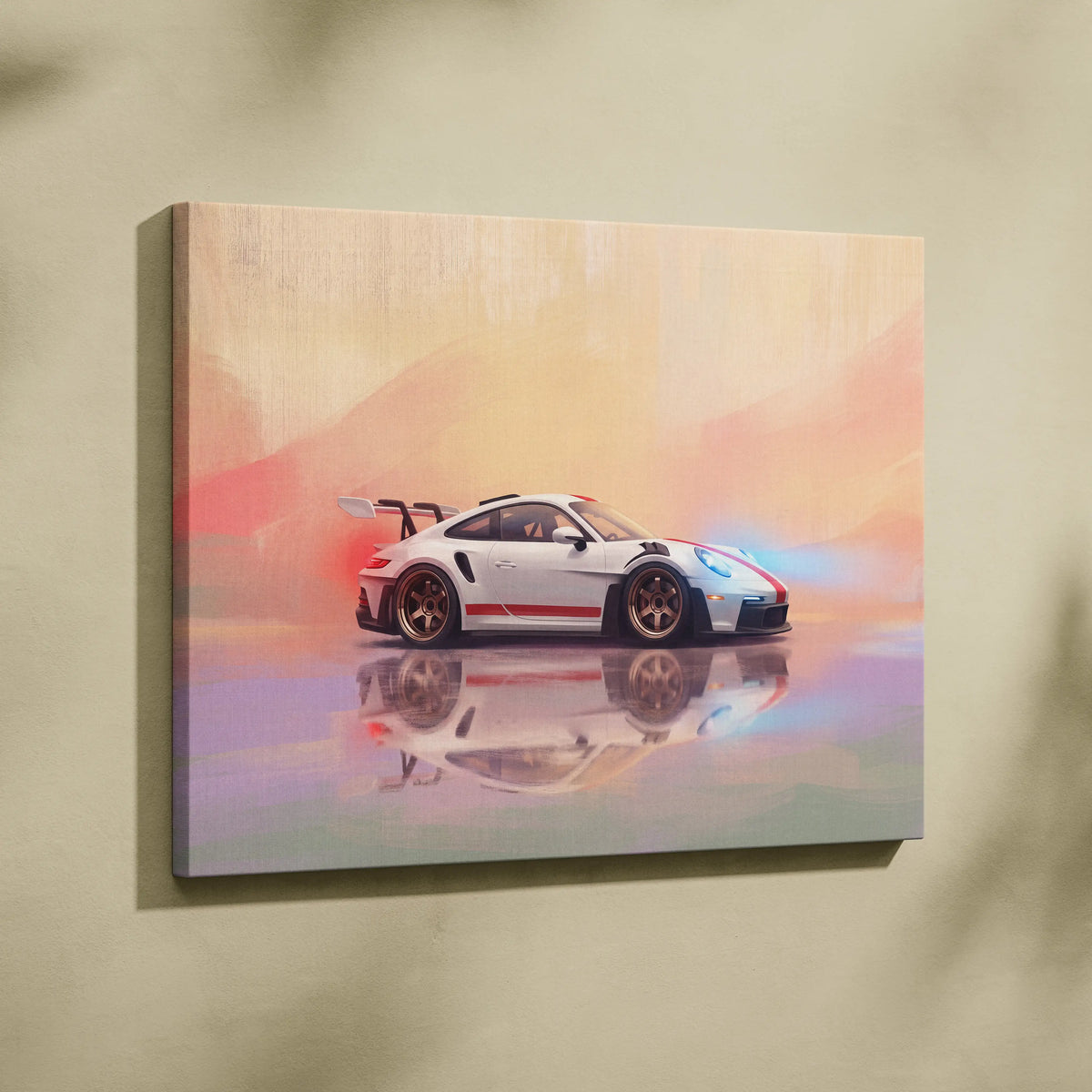 White Porsche 911 GT3 RS inspired canvas art print featuring red and blue racing stripes with glossy finish