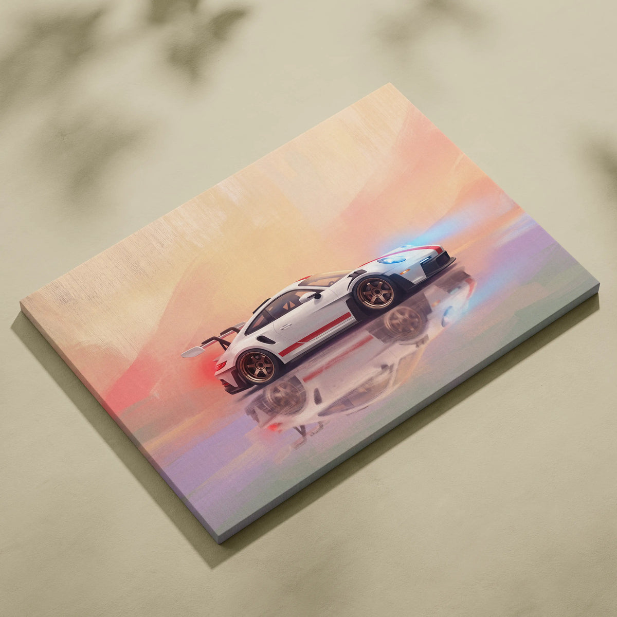 White porsche 911 gt3 rs inspired supercar canvas art with red and black racing stripes in pastel sunset motion blur
