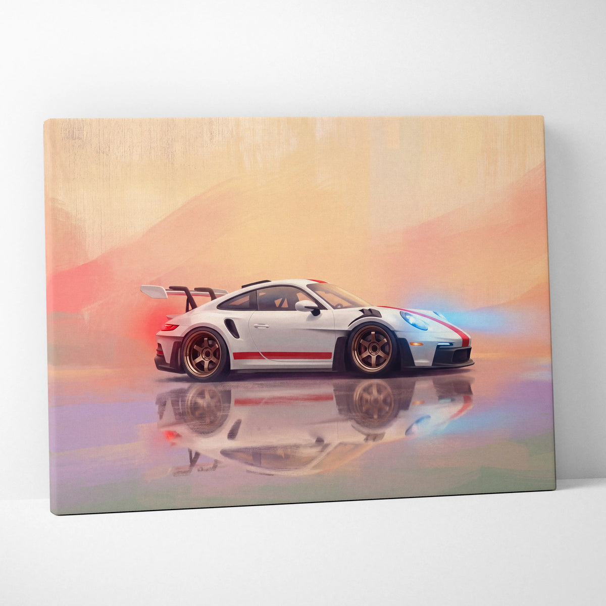 White porsche 911 gt3 rs inspired supercar canvas art with red racing stripes and gold rims for custom wall decor