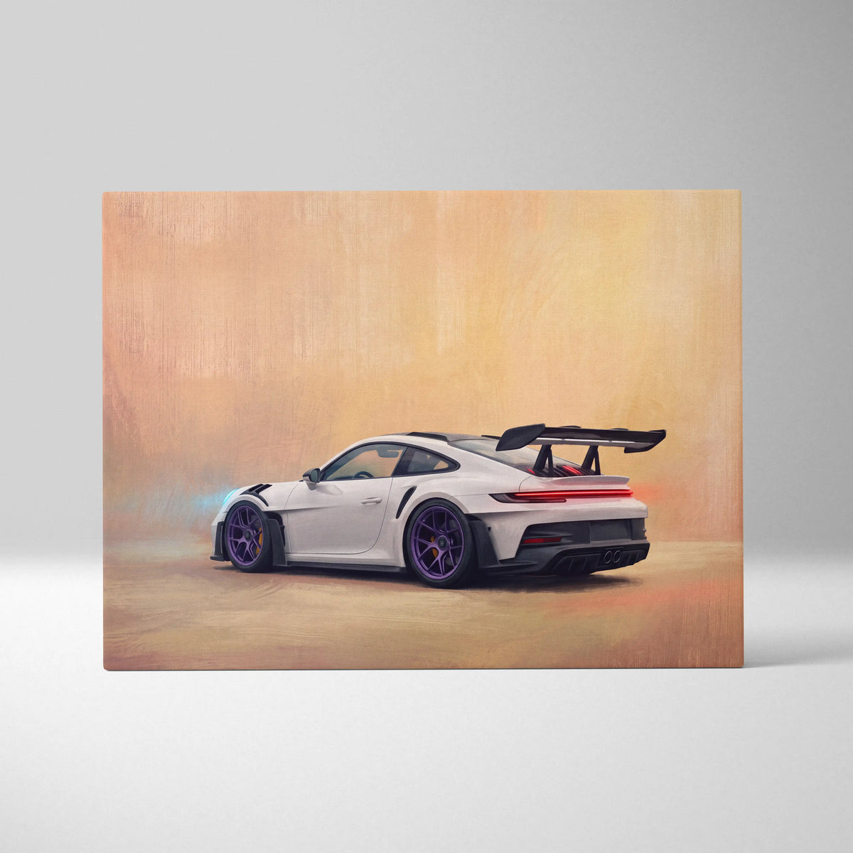 White porsche 911 gt3 rs sports car with purple accents and rear wing on track edition canvas painting print