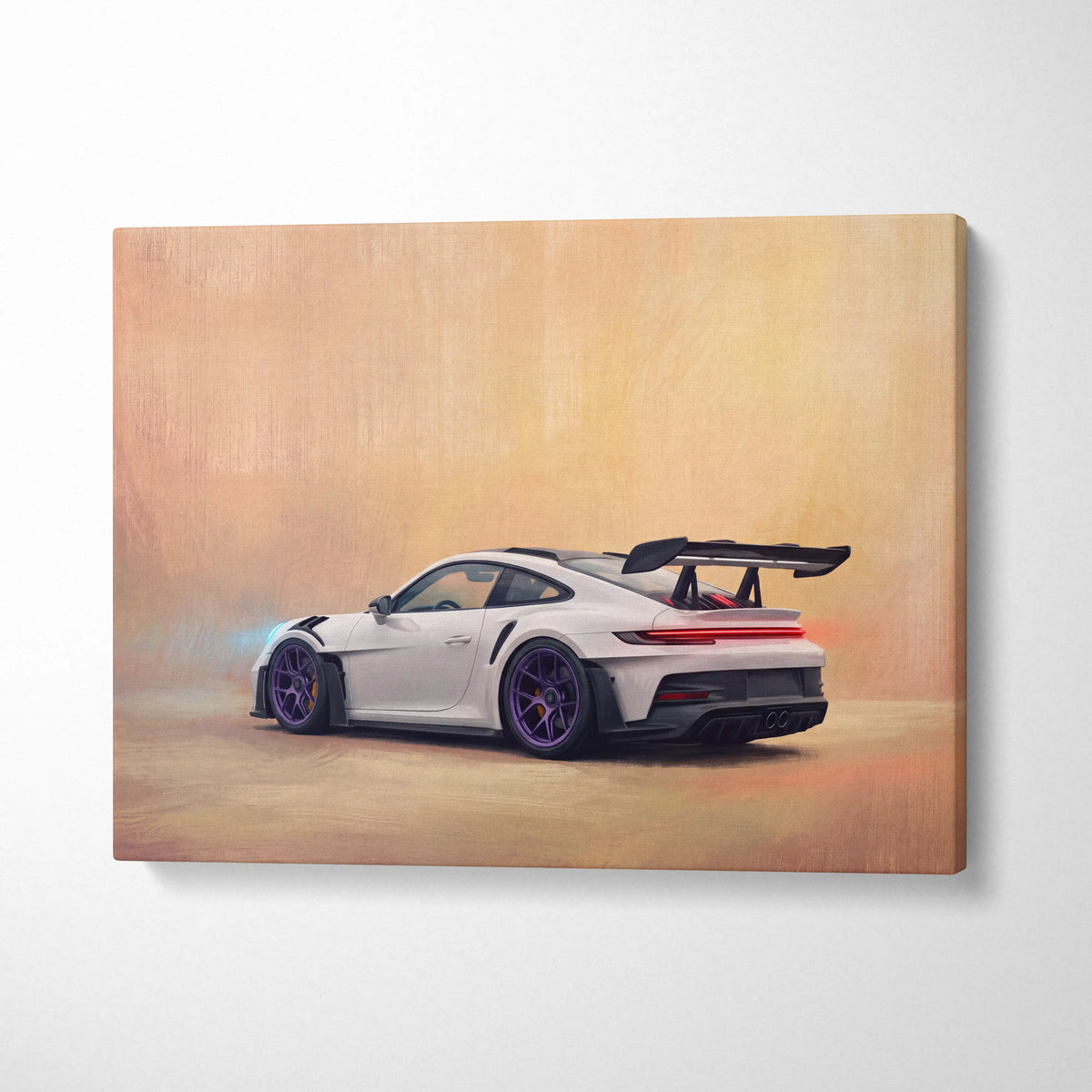 White porsche 911 gt3 rs sports car canvas print with purple wheels and black rear wing track edition wall art