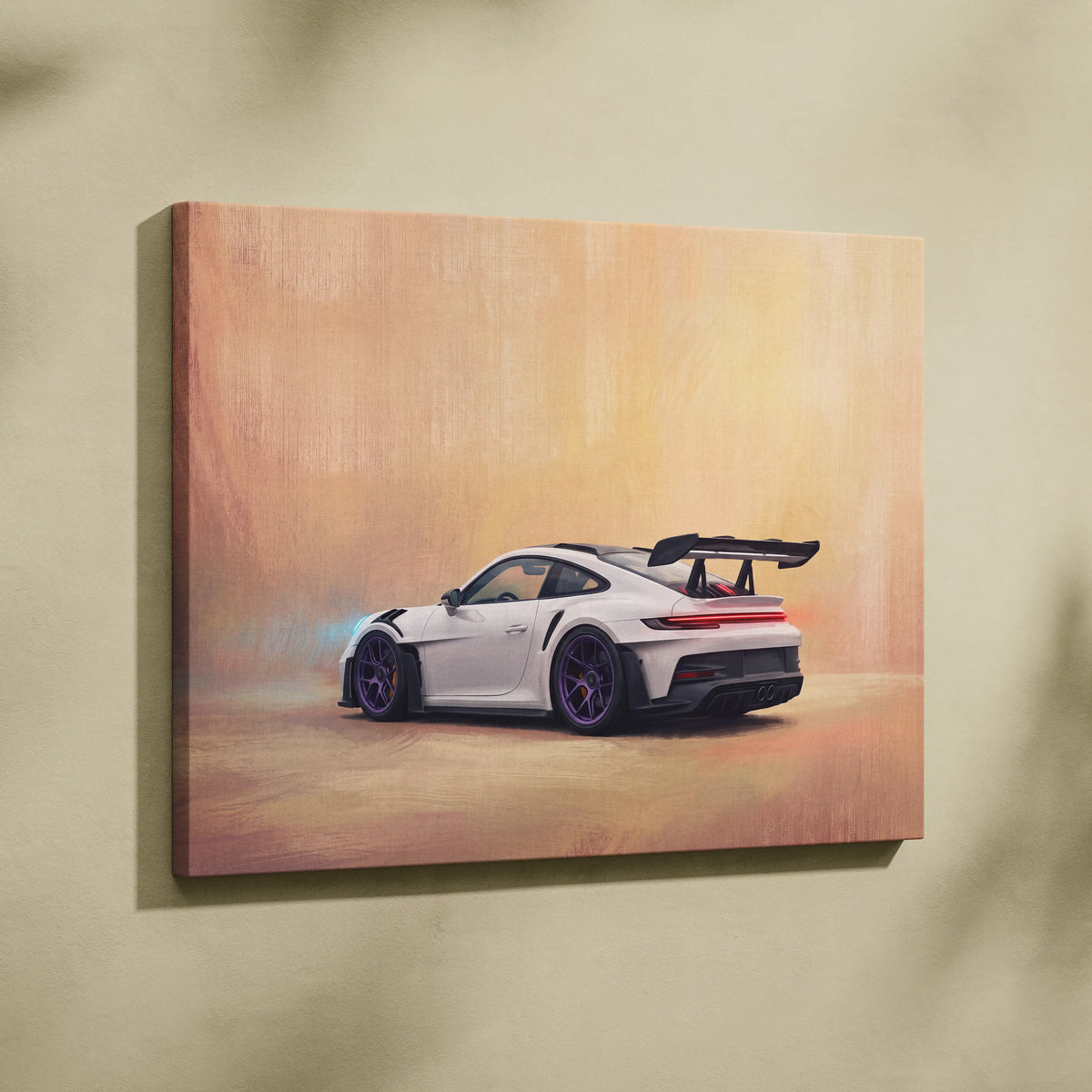 White porsche 911 gt3 rs sports car canvas print with black rear wing and purple-accented wheels wall art