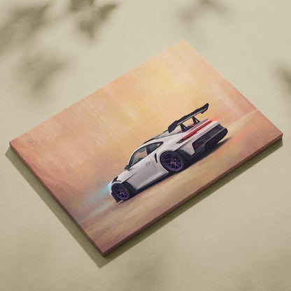 White porsche 911 gt3 rs sports car canvas print with black racing stripes and prominent rear wing track edition