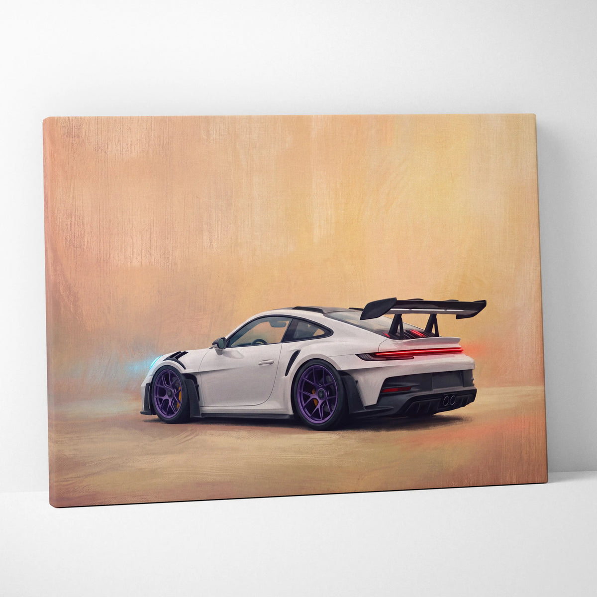 White Porsche 911 GT3 RS canvas print with purple wheels and black rear wing in track edition wall art design