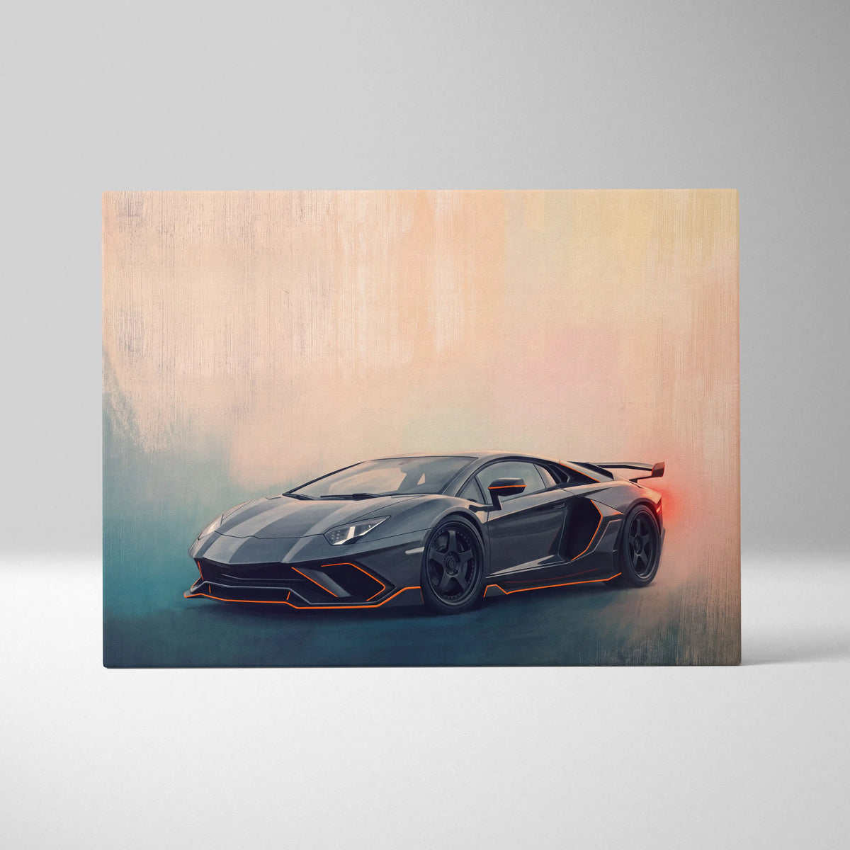 Black Lamborghini Aventador with orange accent lighting stylized painting on canvas for luxury automotive wall art