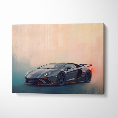Lamborghini Aventador SVJ inspired black canvas print with orange accent lighting showcasing a sleek supercar design