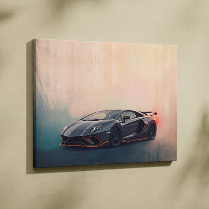 Black Lamborghini Aventador with orange accent trim on canvas painting luxury supercar wall art print