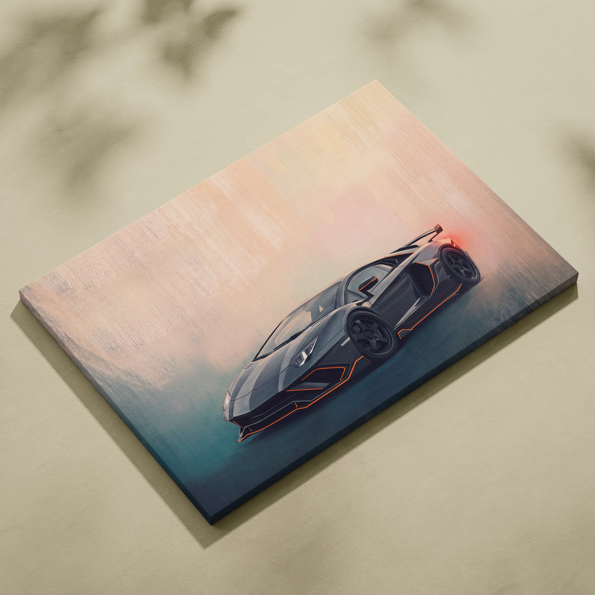 Black lamborghini aventador svj inspired canvas print with glowing orange accents and sunset backdrop for wall art