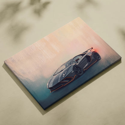 Black lamborghini aventador svj inspired canvas print with glowing orange accents and sunset backdrop for wall art