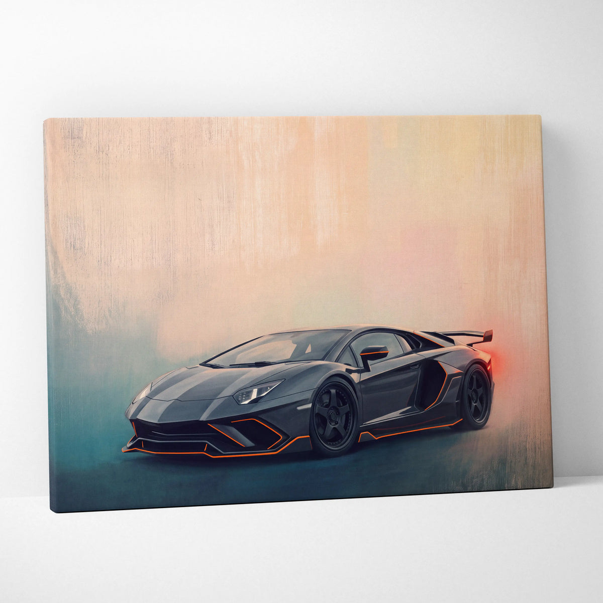 Black lamborghini aventador svj inspired luxury supercar canvas print with orange accent lighting on canvas material