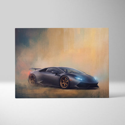 Lamborghini Huracán inspired supercar canvas art featuring a black sports car with gold rims in a dynamic drift pose
