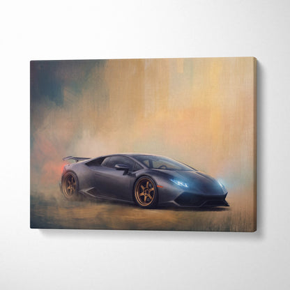 A sleek matte black lamborghini huracán sports car canvas art print with glowing blue headlights and gold alloy wheels