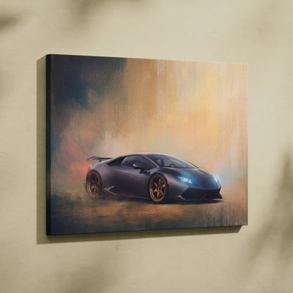 Black Lamborghini Huracán inspired supercar canvas art featuring dynamic drift with glowing headlights and smoke effects