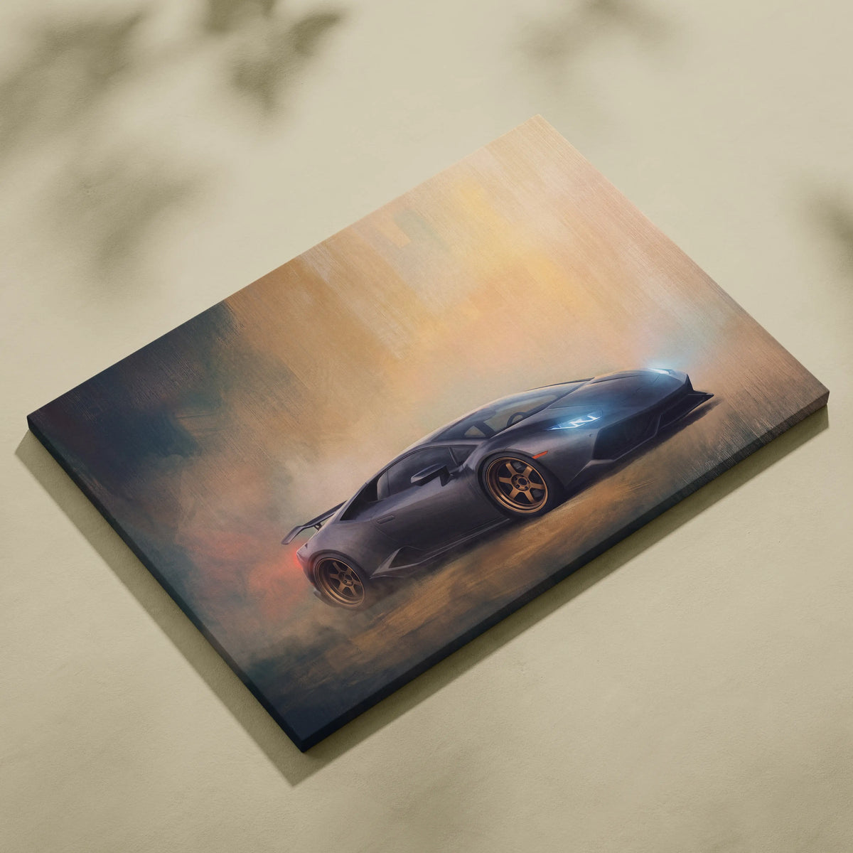 Lamborghini huracán inspired black sports car canvas print featuring sleek supercar drifting in misty golden skies